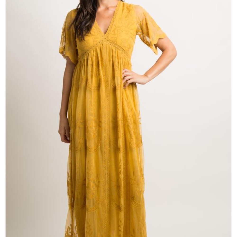 Pink Blush Mustard Lace Overlay Maxi Dress